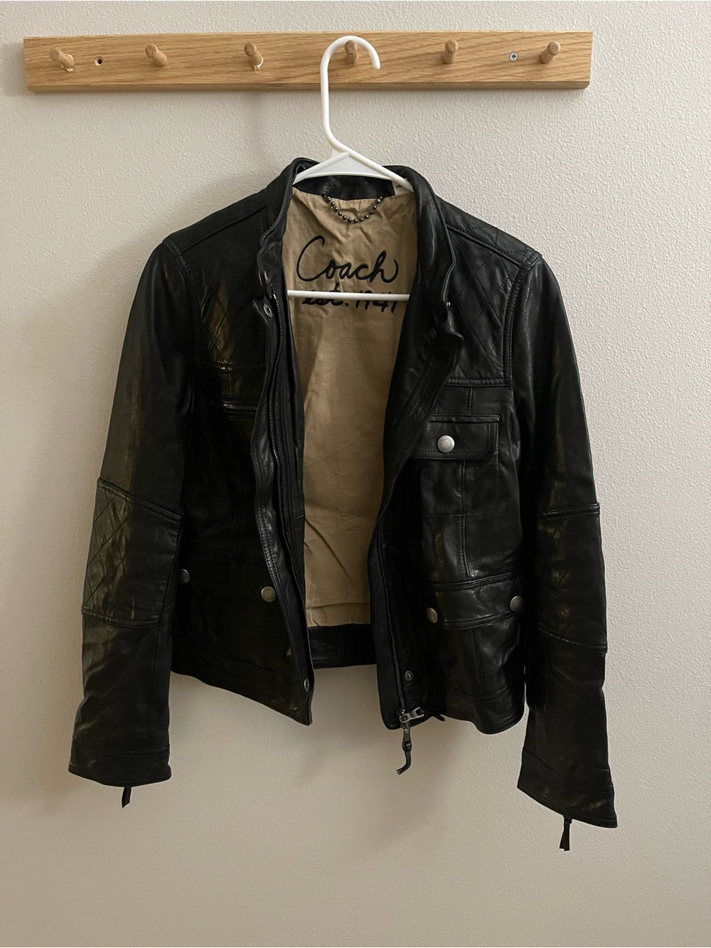 Coach Black Leather Bomber Jacket with Beige Lining